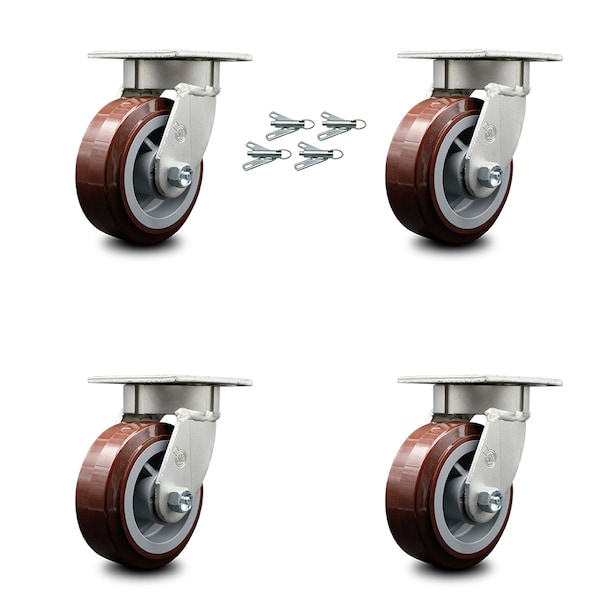 5 Inch Kingpinless Poly on Polyolefin Wheel Swivel Caster Set with Swivel Lock